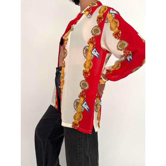 90s vintage red baroque nautical print collared sheer button up blouse shirt - Picture 4 of 10